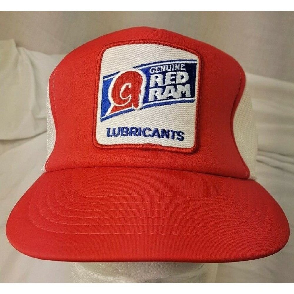 RED RAM Cap Trucker Hat Snapback Baseball Vintage retro 80s Red white mesh